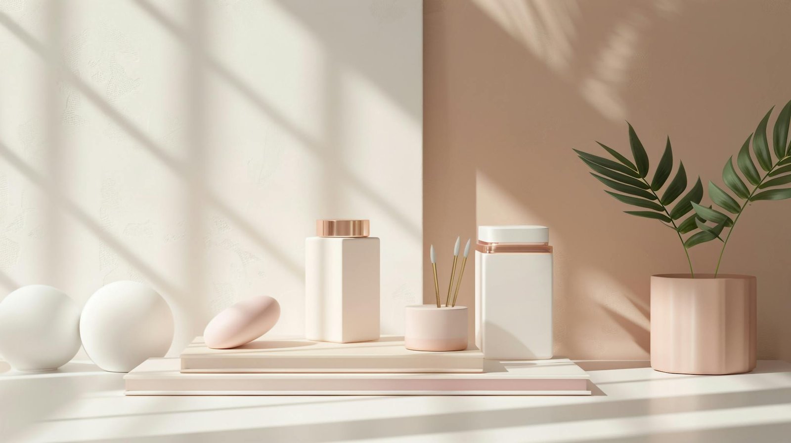 Elegant minimalist arrangement in soft pastels featuring decorative home accessories.